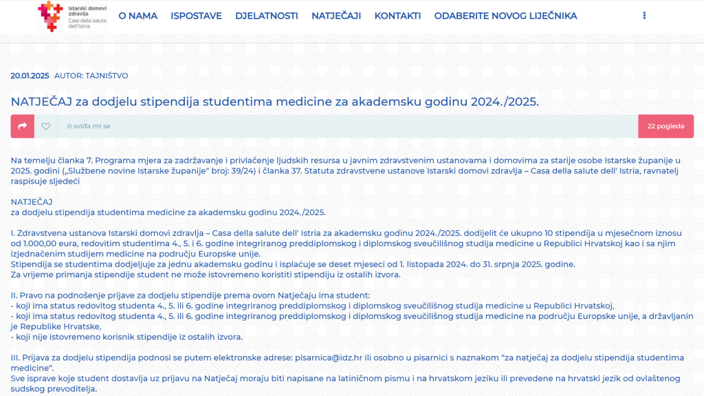 Istarski domovi zdravlja - Natječaj za dodjelu stipendija studentima medicine